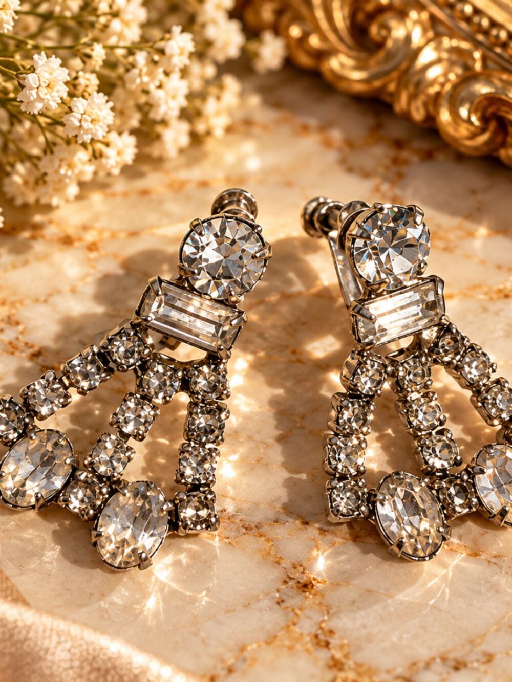 Vintage Clear Rhinestone Clip-On Drop Earrings Silver Tone